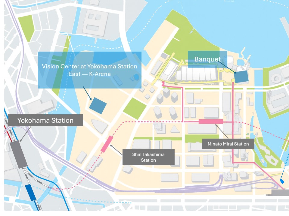 Map of the Minato Mirai area showing the conference venue, the banquet venue, Yokohama Station, Shin-takashima Station, and Minato Mirai Station