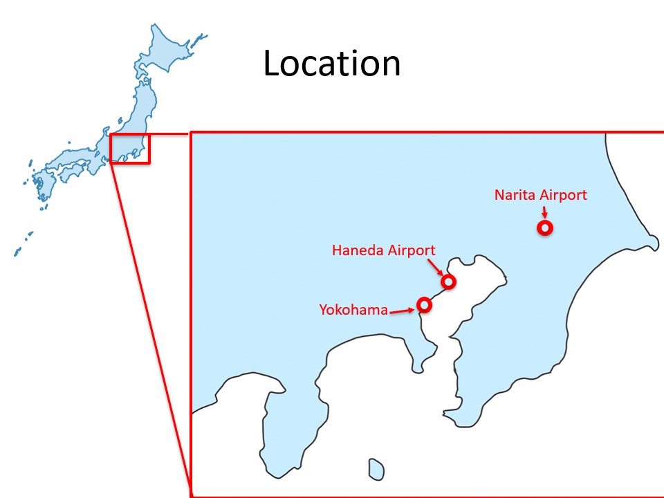 Map of Japan showing the location of Yokohama relative to Haneda Airport and Narita Airport